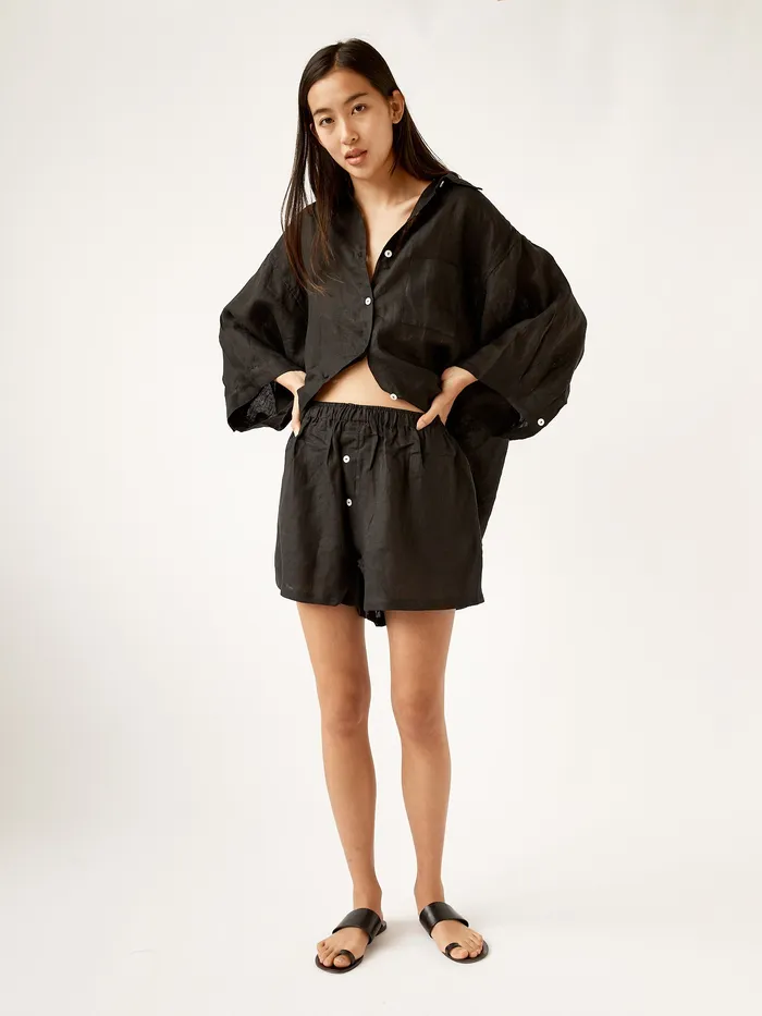 Women Loungewear The UNDONE Deiji Studios 8211 Deep Black 03 Linen Loungewear Set Short