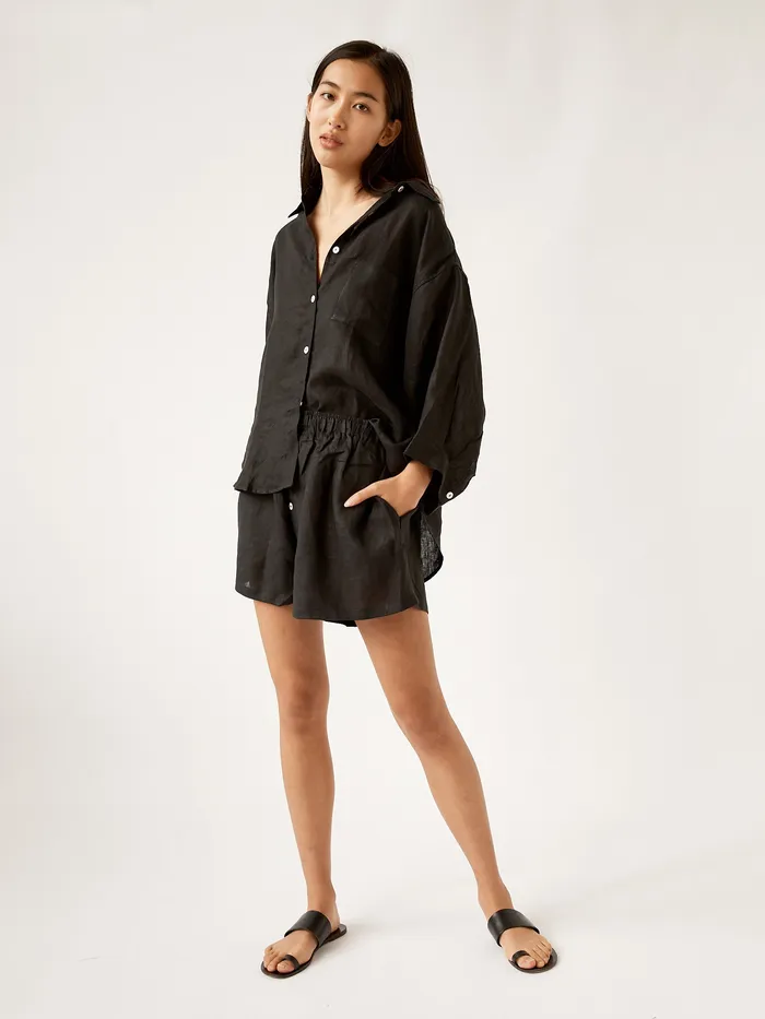 Women Loungewear The UNDONE Deiji Studios 8211 Deep Black 03 Linen Loungewear Set Short