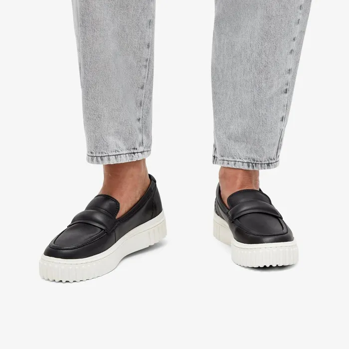 Women Mayhill Cove Black Leather Clarks Loafers and Oxfords