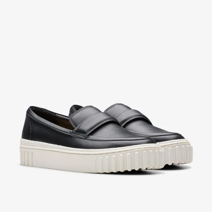 Women Mayhill Cove Black Leather Clarks Loafers and Oxfords