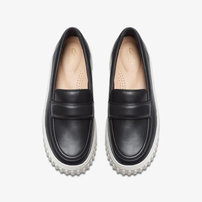 Women Mayhill Cove Black Leather Clarks Loafers and Oxfords