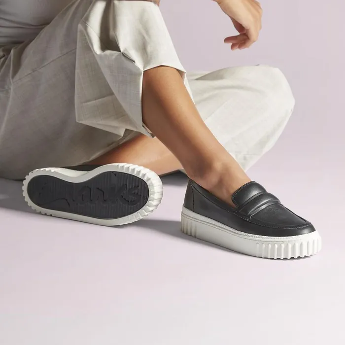 Women Mayhill Cove Black Leather Clarks Loafers and Oxfords