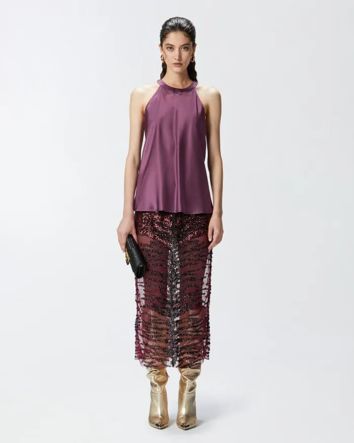 Women MidCalf Length Skirts Pinko Pencil Skirt With Zebraeffect Sequin Embroidery Burgundyblack