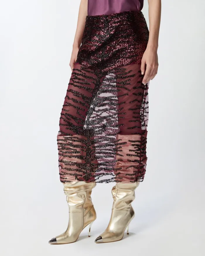 Women MidCalf Length Skirts Pinko Pencil Skirt With Zebraeffect Sequin Embroidery Burgundyblack Women MidCalf Length Skirts Pinko Pencil Skirt With Zebraeffect Sequin Embroidery Burgundyblack