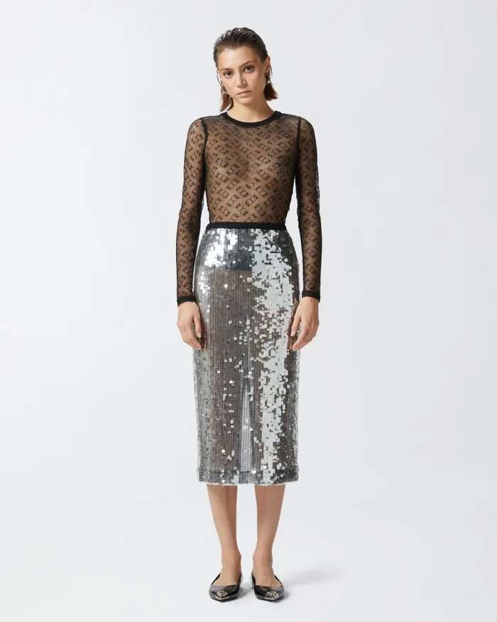Women MidCalf Length Skirts Pinko Sequinned Mesh Pencil Skirt Blacktransparent