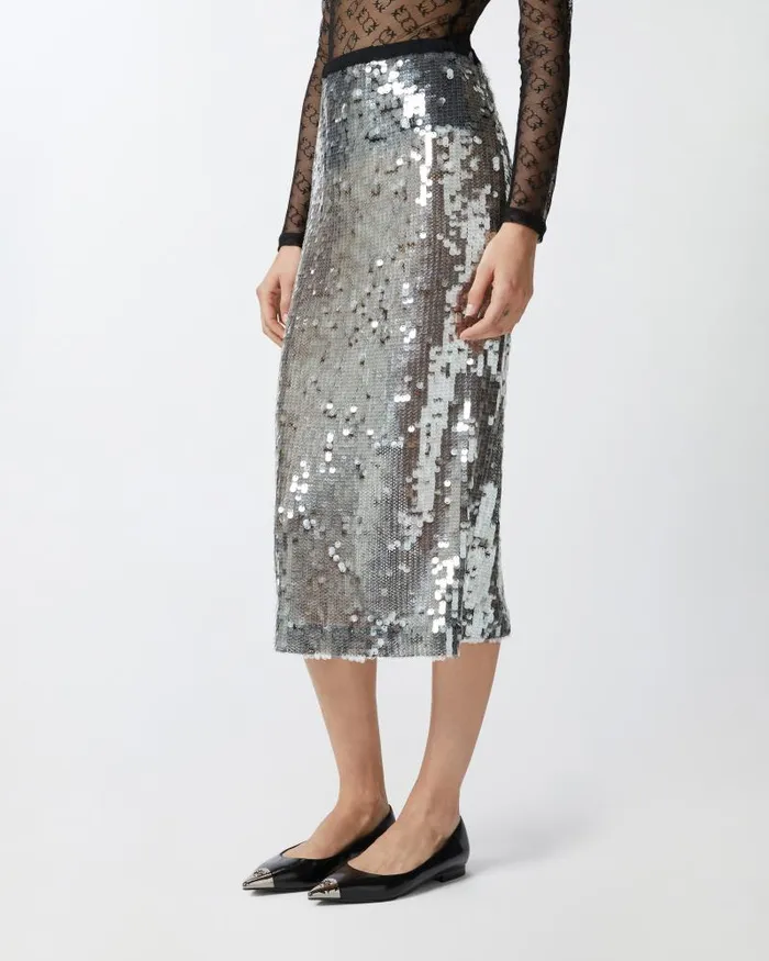 Women MidCalf Length Skirts Pinko Sequinned Mesh Pencil Skirt Blacktransparent Women MidCalf Length Skirts Pinko Sequinned Mesh Pencil Skirt Blacktransparent