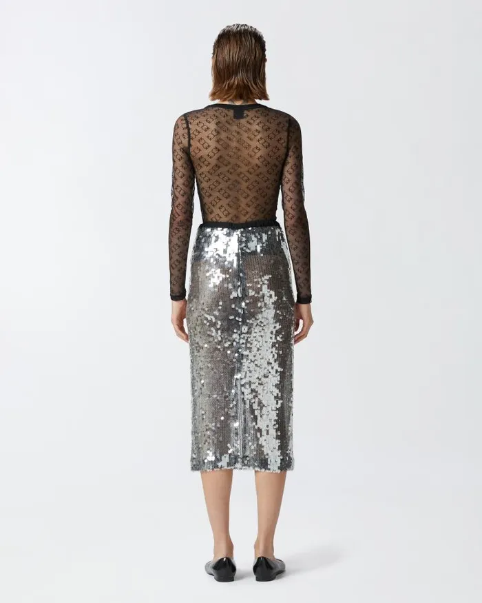 Women MidCalf Length Skirts Pinko Sequinned Mesh Pencil Skirt Blacktransparent Women MidCalf Length Skirts Pinko Sequinned Mesh Pencil Skirt Blacktransparent