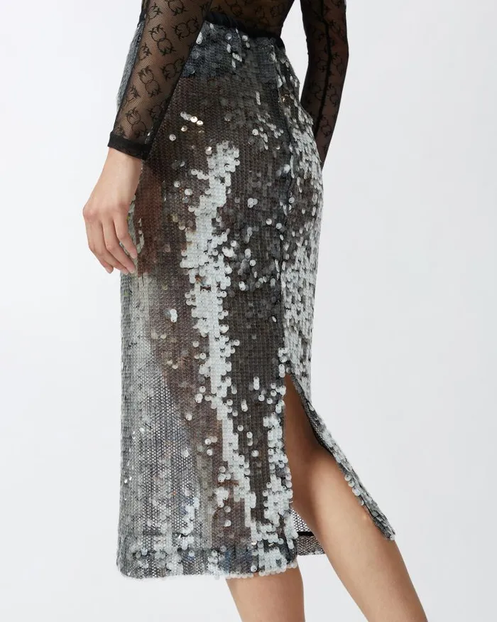 Women MidCalf Length Skirts Pinko Sequinned Mesh Pencil Skirt Blacktransparent Women MidCalf Length Skirts Pinko Sequinned Mesh Pencil Skirt Blacktransparent