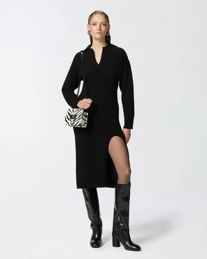 Women MidLength Dresses Pinko Long Cashmere Blend Knit Dress Limo Black