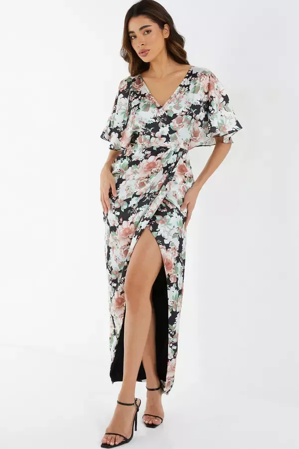 Women Multicoloured Floral Satin Wrap Maxi Dress Quiz Clothing Dresses