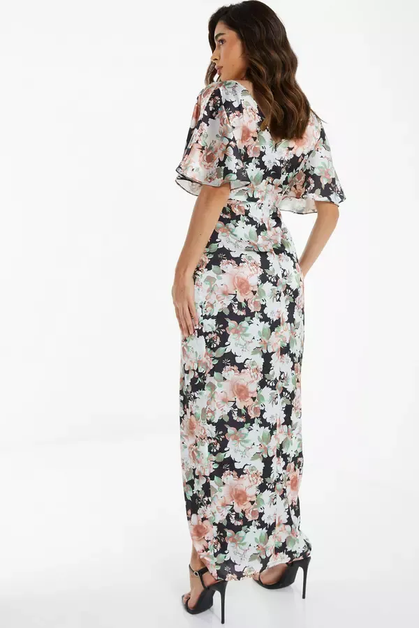 Women Multicoloured Floral Satin Wrap Maxi Dress Quiz Clothing Dresses