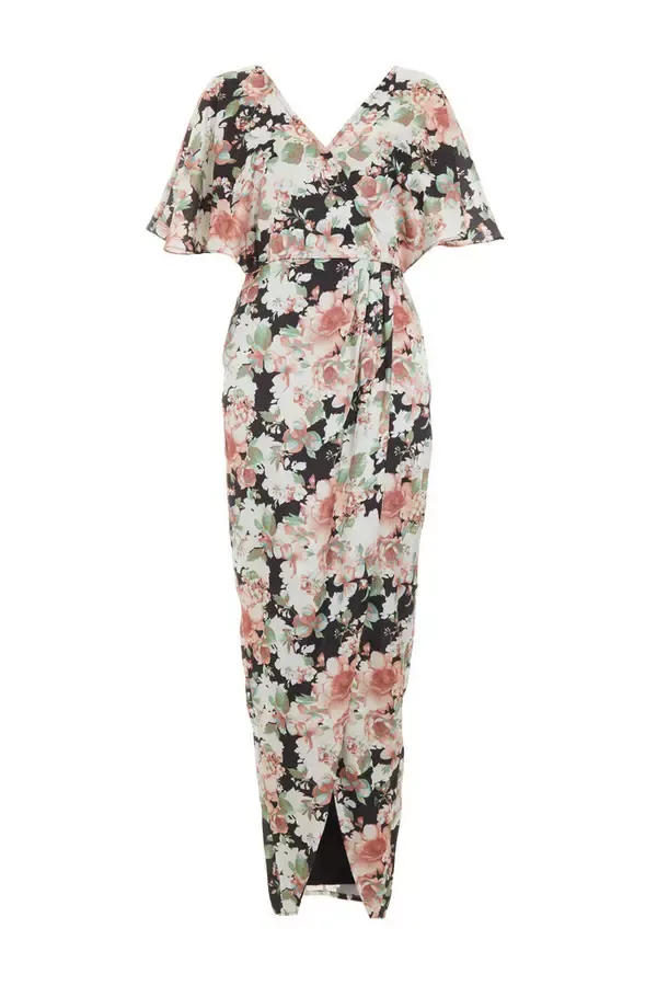Women Multicoloured Floral Satin Wrap Maxi Dress Quiz Clothing Dresses