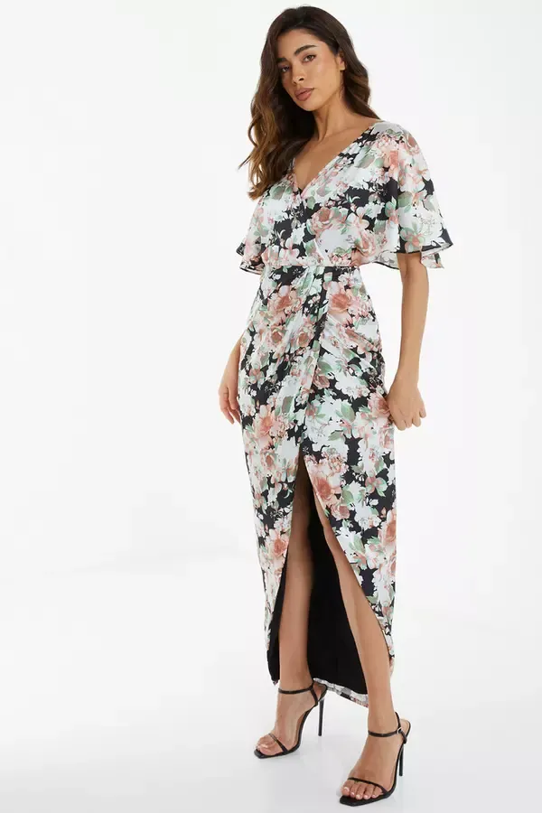 Women Multicoloured Floral Satin Wrap Maxi Dress Quiz Clothing Dresses