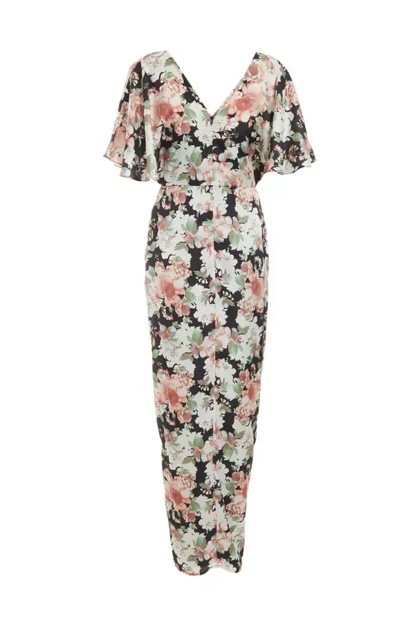 Women Multicoloured Floral Satin Wrap Maxi Dress Quiz Clothing Dresses