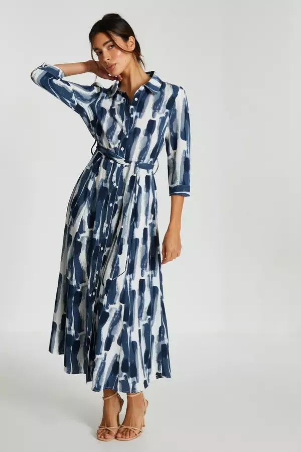 Women Navy Brush Stroke Midi Shirt Dress Quiz Clothing Dresses