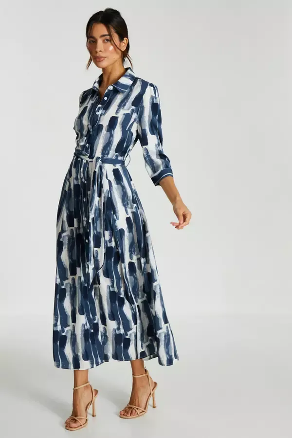 Women Navy Brush Stroke Midi Shirt Dress Quiz Clothing Dresses