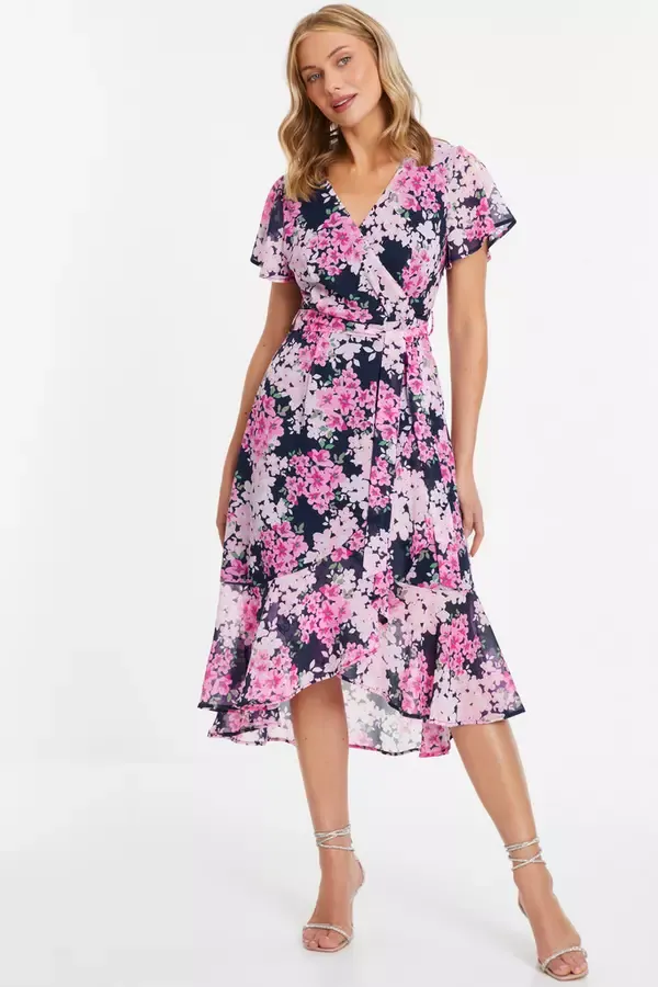 Women Navy Floral Dip Hem Midi Dress Quiz Clothing Dresses