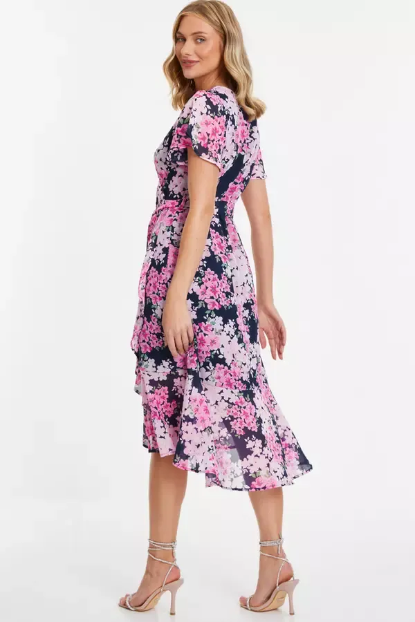 Women Navy Floral Dip Hem Midi Dress Quiz Clothing Dresses