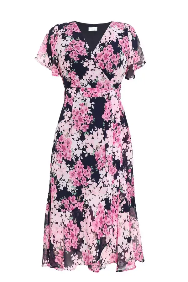 Women Navy Floral Dip Hem Midi Dress Quiz Clothing Dresses
