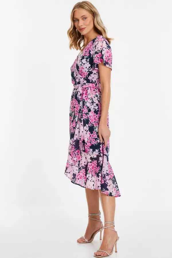 Women Navy Floral Dip Hem Midi Dress Quiz Clothing Dresses