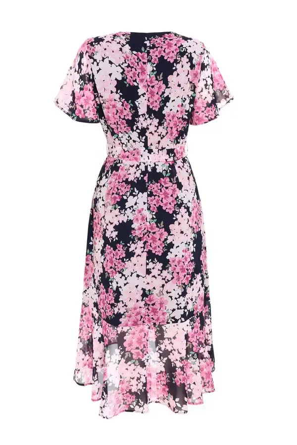 Women Navy Floral Dip Hem Midi Dress Quiz Clothing Dresses