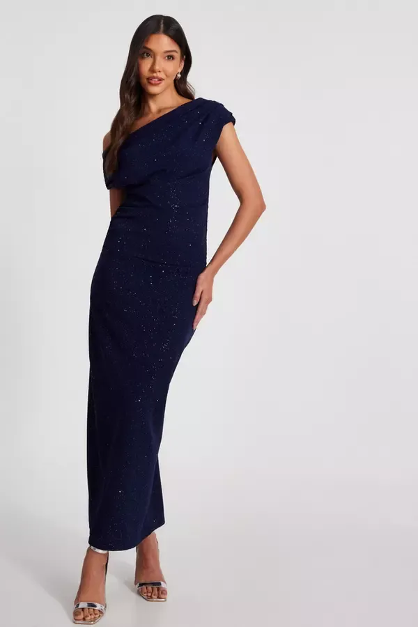 Women Navy Glitter Asymmetric Midi Dress Quiz Clothing Dresses