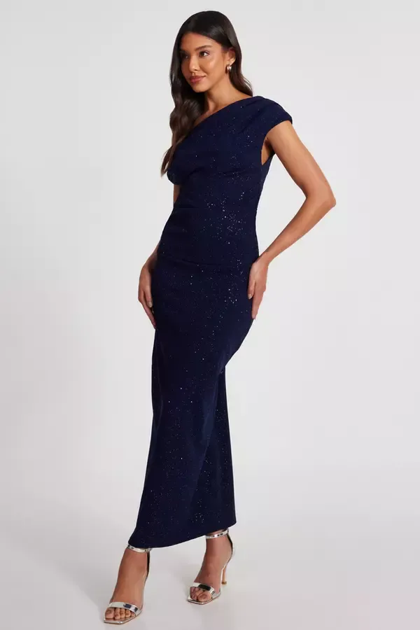 Women Navy Glitter Asymmetric Midi Dress Quiz Clothing Dresses