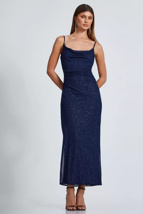 Women Navy Glitter Mesh Midaxi Dress Quiz Clothing Dresses