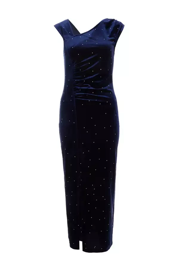 Women Navy Velvet Embellished Midi Dress Quiz Clothing Dresses
