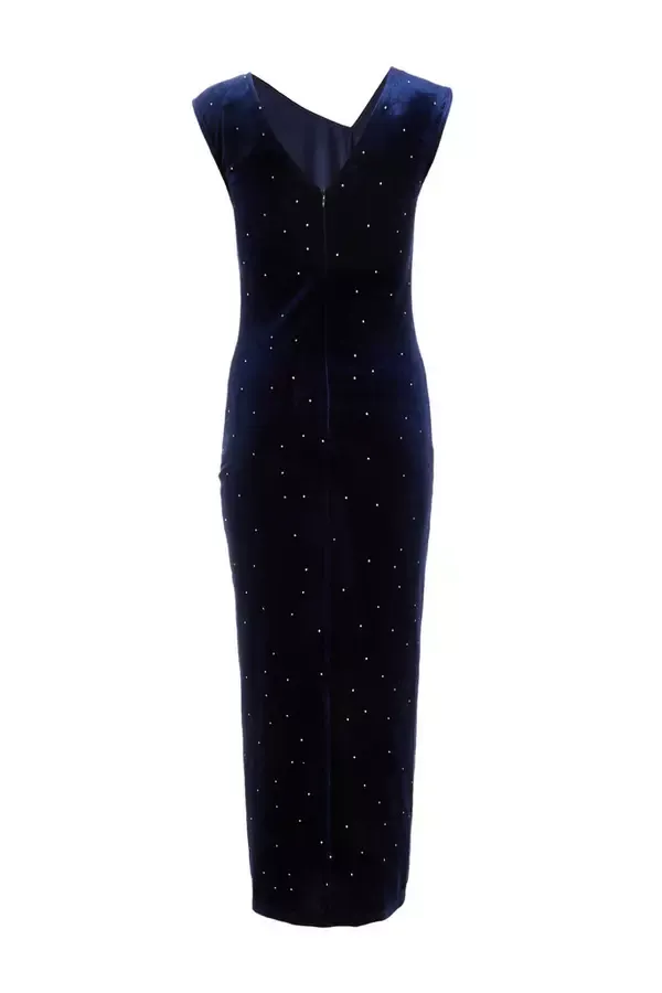 Women Navy Velvet Embellished Midi Dress Quiz Clothing Dresses