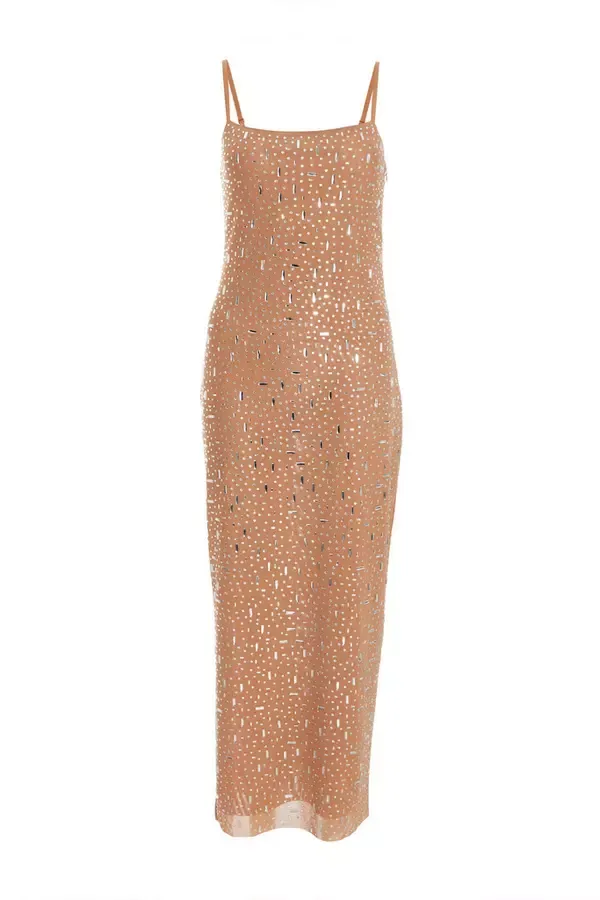 Women Nude Square Neck Embellished Maxi Dress Quiz Clothing Dresses
