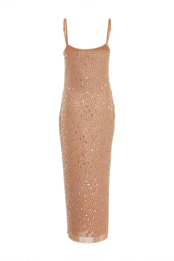 Women Nude Square Neck Embellished Maxi Dress Quiz Clothing Dresses