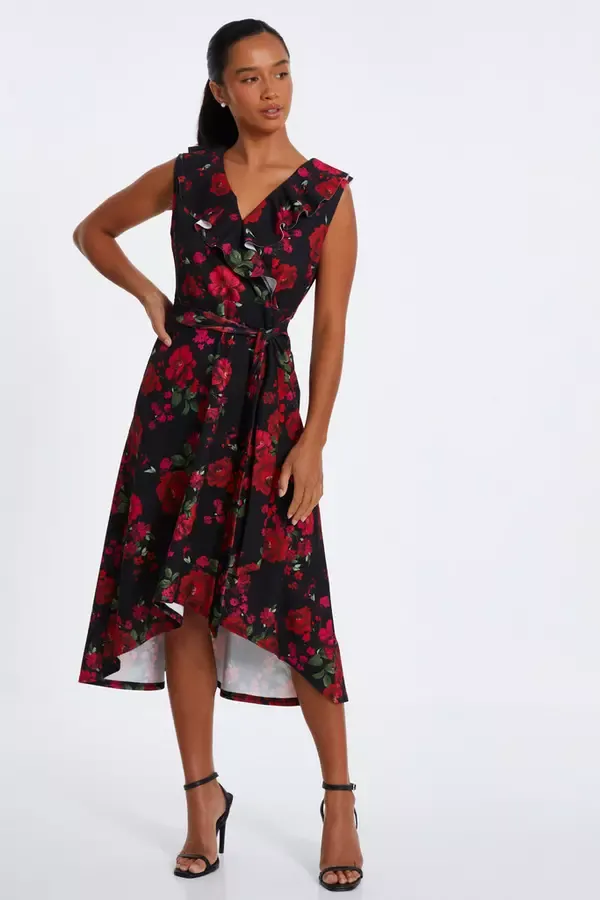 Women Petite Black Floral Dip Hem Midi Dress Quiz Clothing Dresses