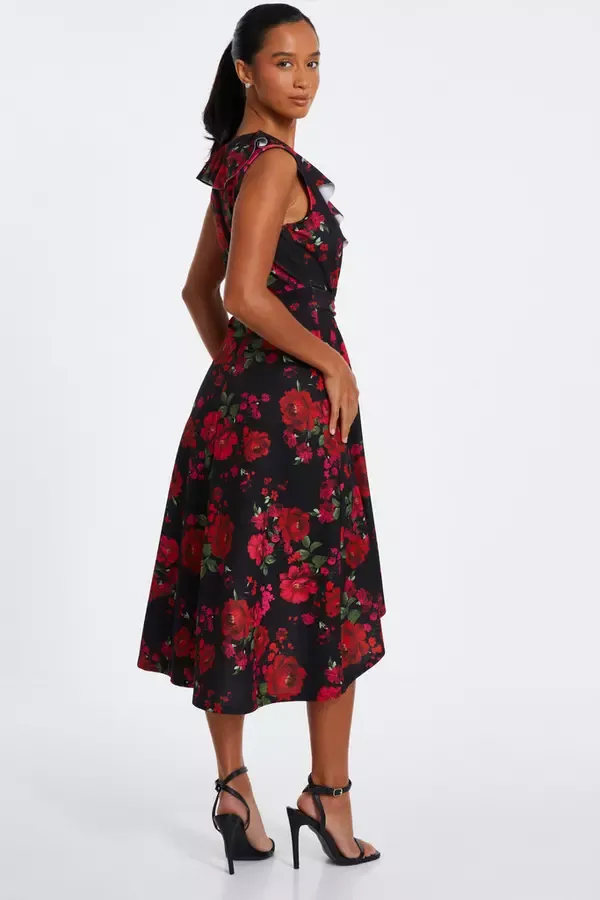 Women Petite Black Floral Dip Hem Midi Dress Quiz Clothing Dresses