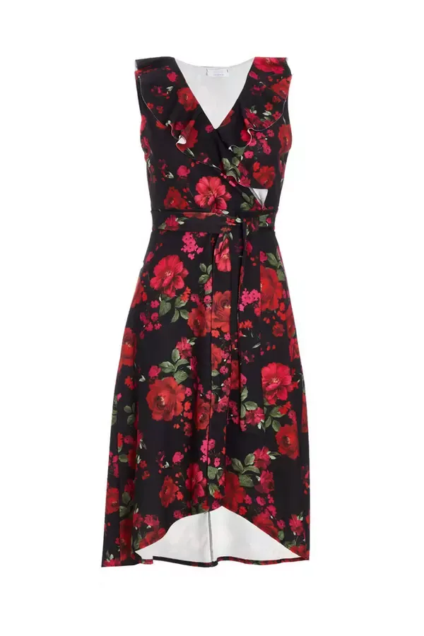 Women Petite Black Floral Dip Hem Midi Dress Quiz Clothing Dresses