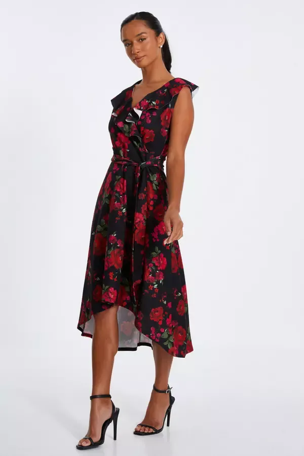 Women Petite Black Floral Dip Hem Midi Dress Quiz Clothing Dresses