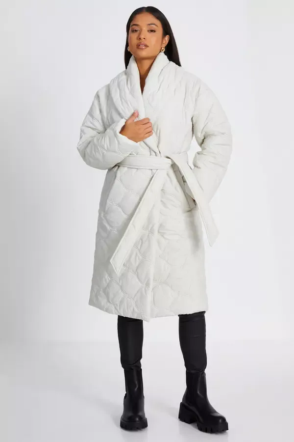 Women Petite Cream Quilted Long Line Coat Quiz Clothing Jackets and Coats