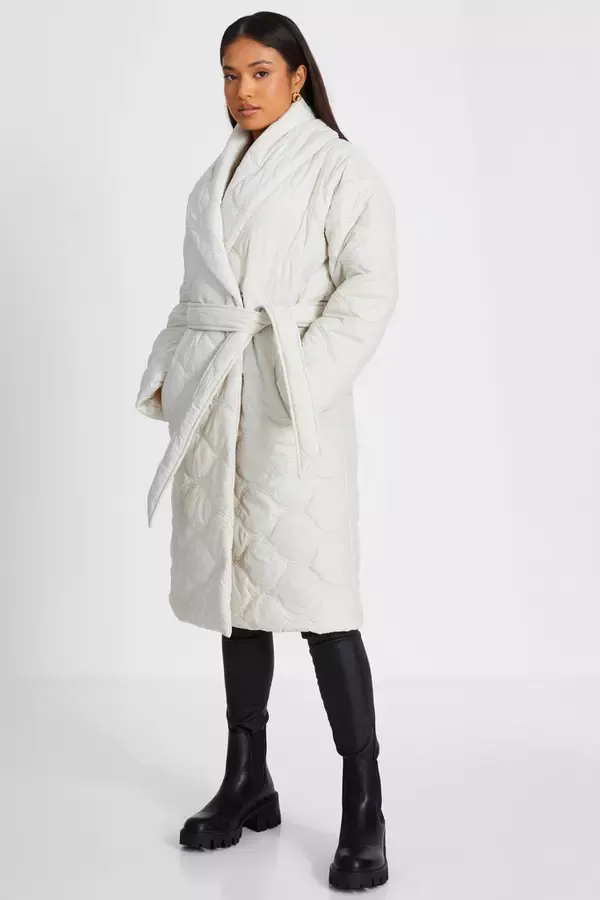 Women Petite Cream Quilted Long Line Coat Quiz Clothing Jackets and Coats