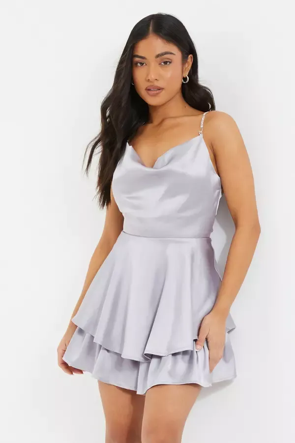 Women Petite Grey Satin Diamante Playsuit Quiz Clothing Playsuits