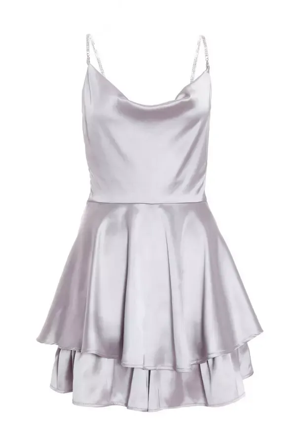 Women Petite Grey Satin Diamante Playsuit Quiz Clothing Playsuits