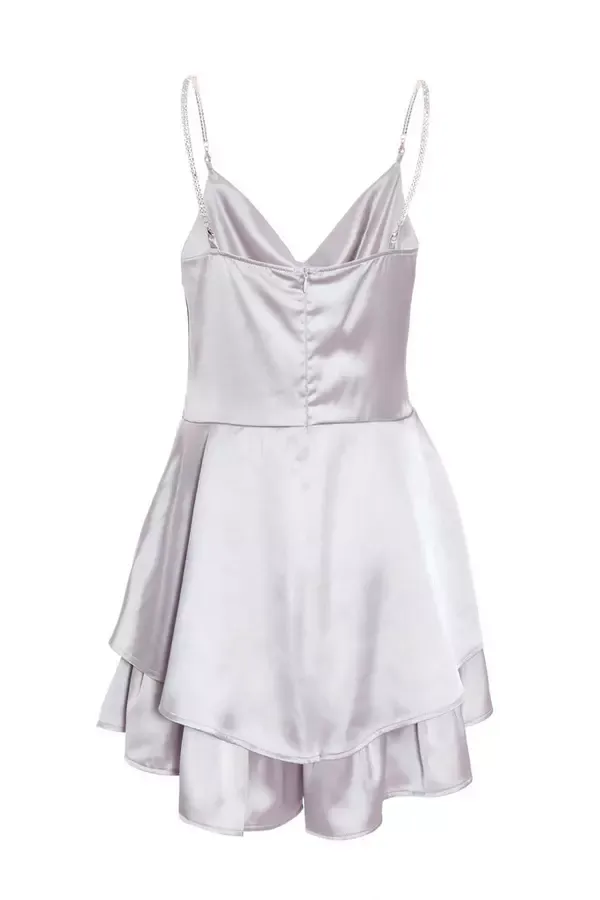 Women Petite Grey Satin Diamante Playsuit Quiz Clothing Playsuits