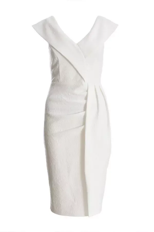Women Petite White Jacquard Bardot Ruched Midi Dress Quiz Clothing Dresses
