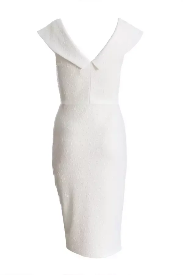 Women Petite White Jacquard Bardot Ruched Midi Dress Quiz Clothing Dresses