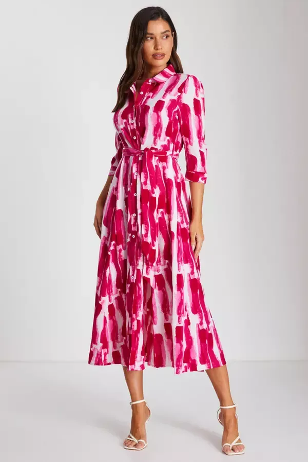 Women Pink Brush Stroke Midi Shirt Dress Quiz Clothing Dresses