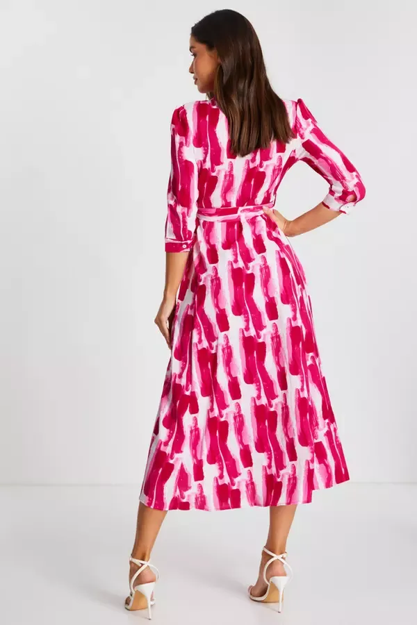 Women Pink Brush Stroke Midi Shirt Dress Quiz Clothing Dresses