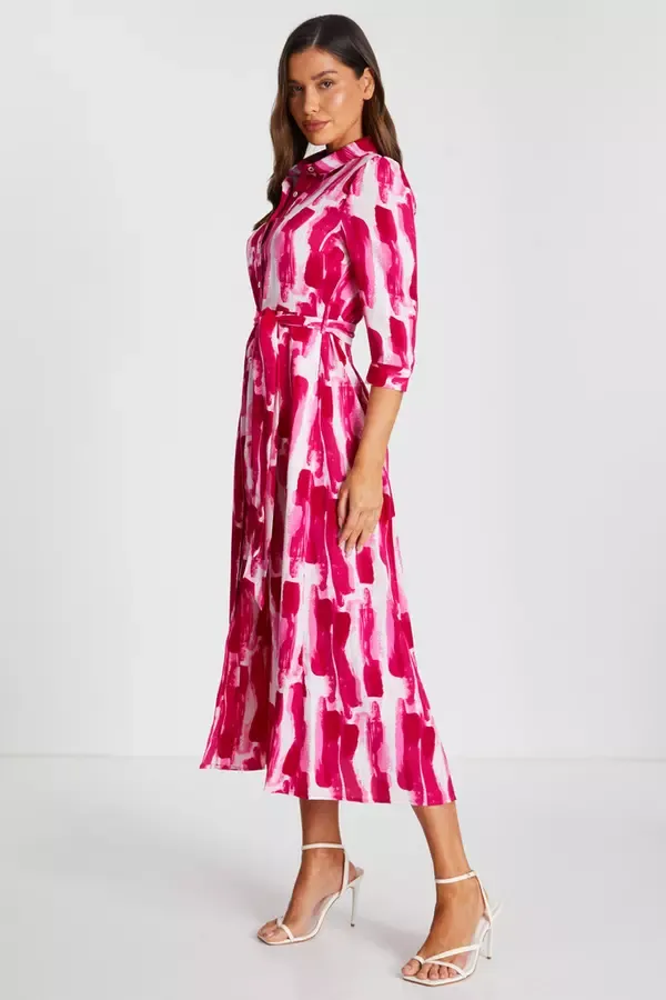 Women Pink Brush Stroke Midi Shirt Dress Quiz Clothing Dresses