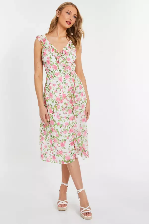 Women Pink Chiffon Floral Ruffle Wrap Midi Dress Quiz Clothing Dresses