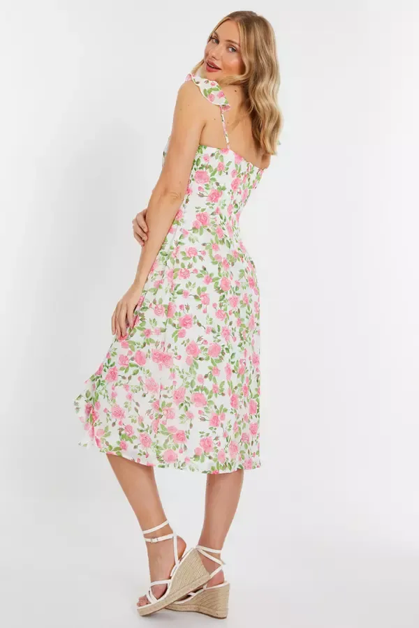 Women Pink Chiffon Floral Ruffle Wrap Midi Dress Quiz Clothing Dresses