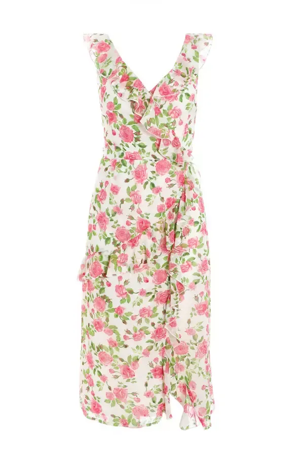 Women Pink Chiffon Floral Ruffle Wrap Midi Dress Quiz Clothing Dresses