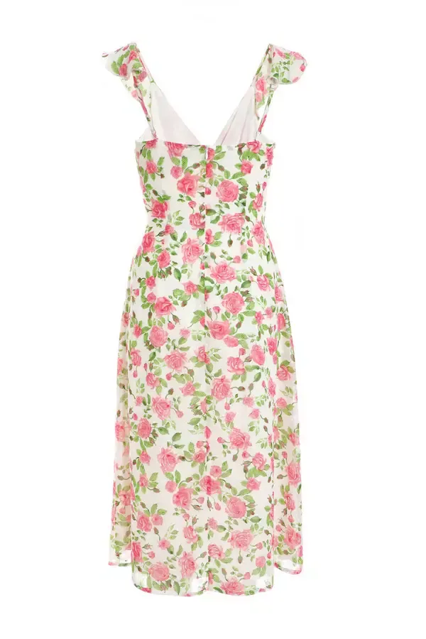 Women Pink Chiffon Floral Ruffle Wrap Midi Dress Quiz Clothing Dresses
